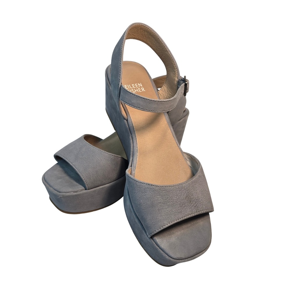 Eileen Fisher Grey Nubuck Leather Platform Wedge Sandals Ankle Strap Women 7.5